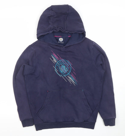 Manchester City Boys Navy Hoodie 11-12 Years Pullover Graphic Print Cotton Blend