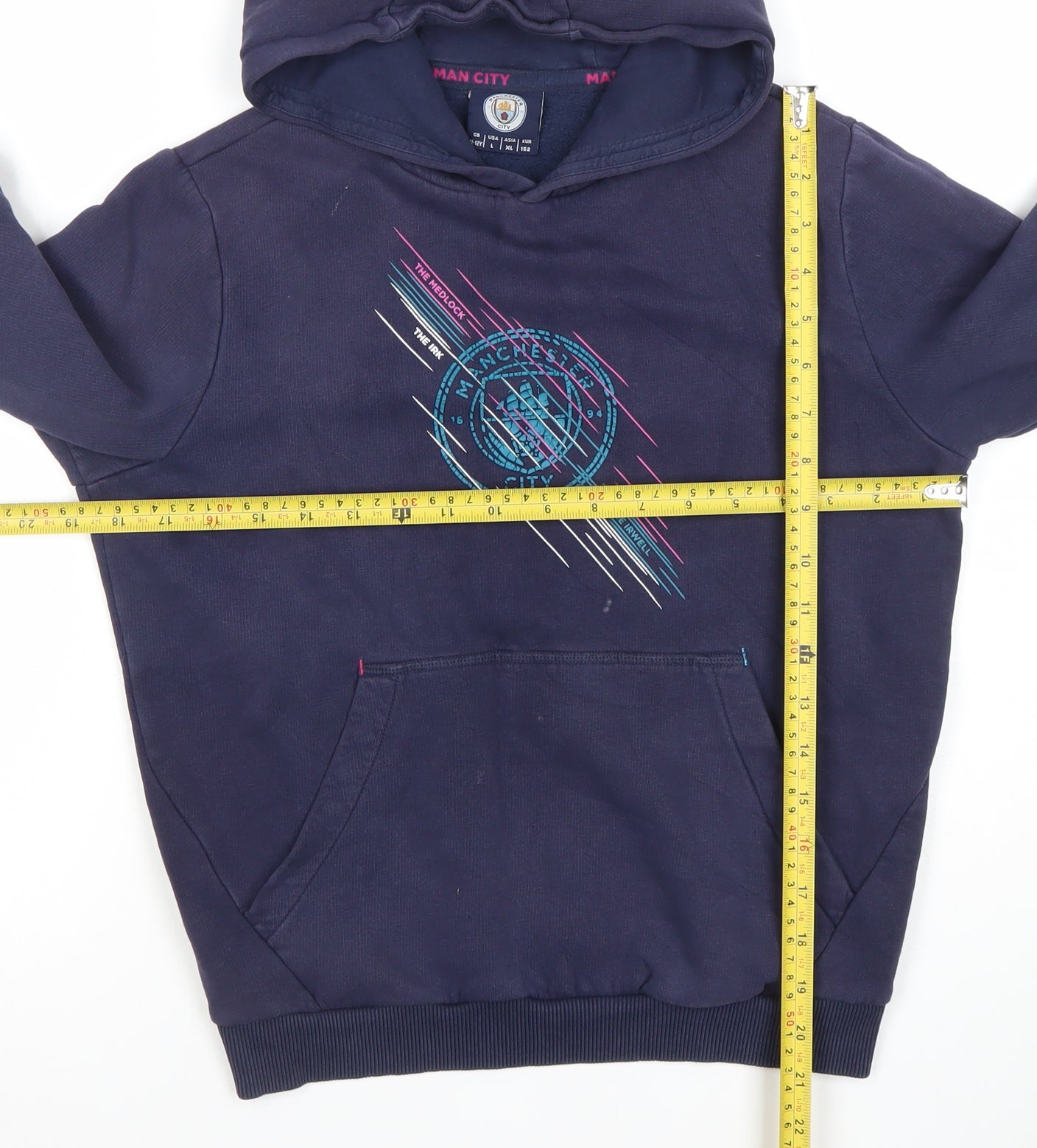 Manchester City Boys Navy Hoodie 11-12 Years Pullover Graphic Print Cotton Blend