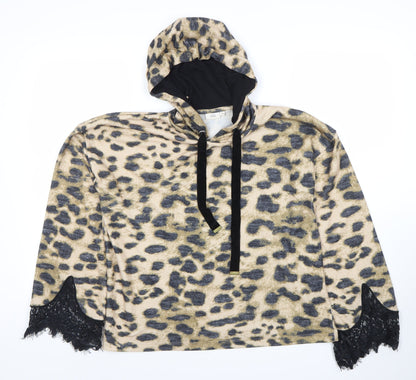 River Island Womens Beige Leopard Print Hooded Pullover XS Lace Trim