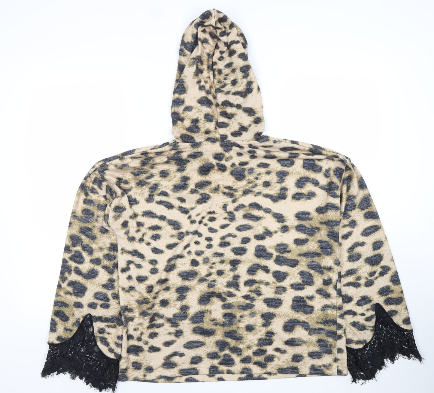River Island Womens Beige Leopard Print Hooded Pullover XS Lace Trim