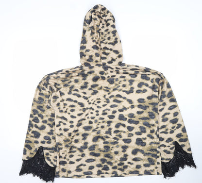 River Island Womens Beige Leopard Print Hooded Pullover XS Lace Trim