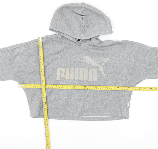 Puma Girls Grey Pullover Hoodie 9-10 Years Logo Fleece Sweatshirt