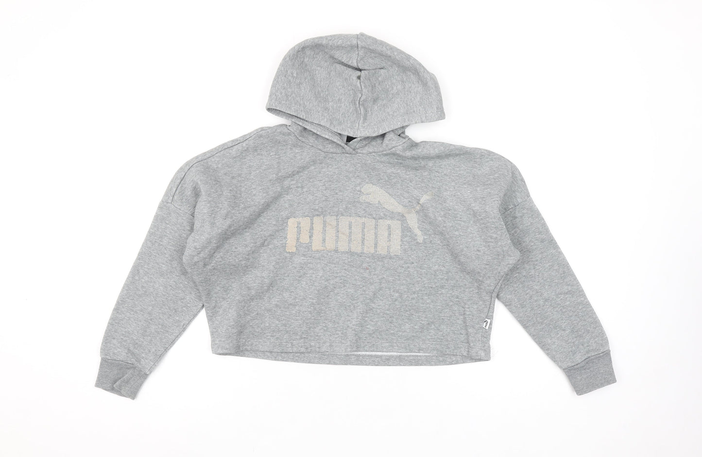 Puma Girls Grey Pullover Hoodie 9-10 Years Logo Fleece Sweatshirt