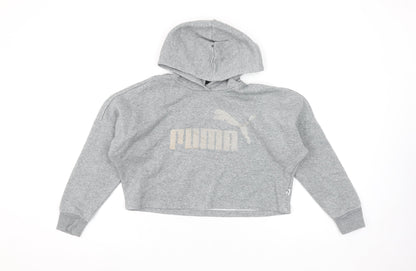 Puma Girls Grey Pullover Hoodie 9-10 Years Logo Fleece Sweatshirt