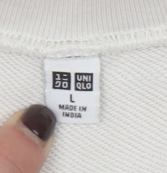 Uniqlo Women Beige Cotton Pullover Sweatshirt L Crew Neck Casual