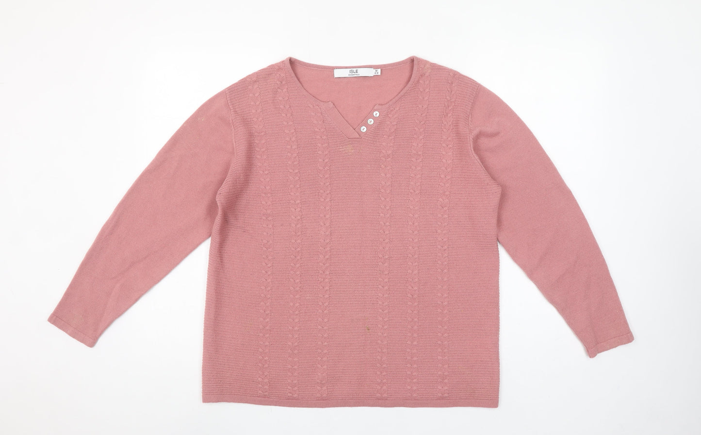 Isle Essentials Womens Pink Acrylic Cable Knit V-Neck Jumper Size 14-16