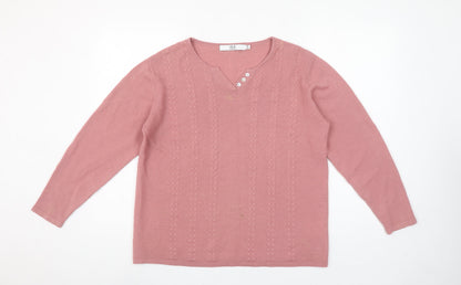Isle Essentials Womens Pink Acrylic Cable Knit V-Neck Jumper Size 14-16