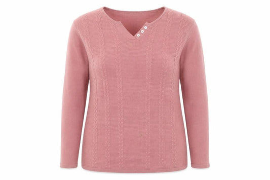 Isle Essentials Womens Pink Acrylic Cable Knit V-Neck Jumper Size 14-16