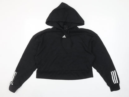 Adidas Womens Black Medium Hooded Pullover Hoodie with Logo and Stripe Accents