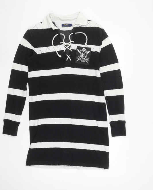 Ralph Lauren Women Black Striped Collared Shirt Dress Size S