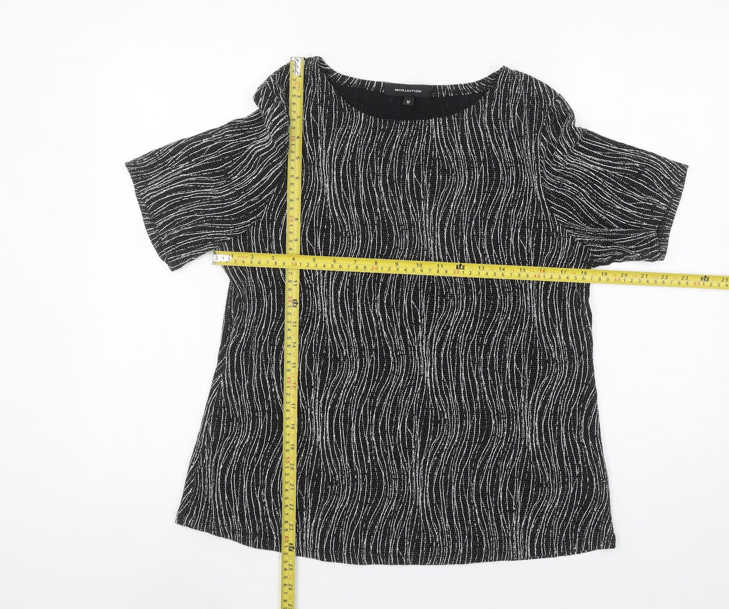 MCollection Women's Black Glitter Stripe Short Sleeve Top Size M