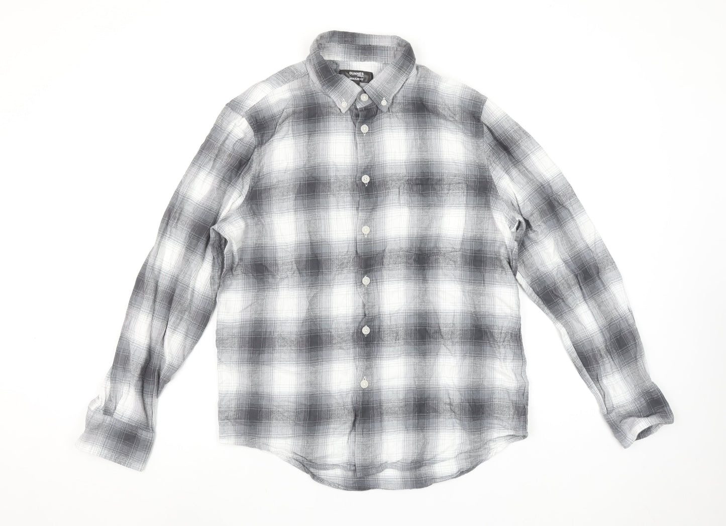 Dunnes Stores Men's Grey Plaid Button-Up Regular Fit Shirt L