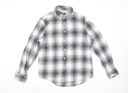 Dunnes Stores Men's Grey Plaid Button-Up Regular Fit Shirt L
