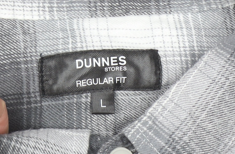 Dunnes Stores Men's Grey Plaid Button-Up Regular Fit Shirt L