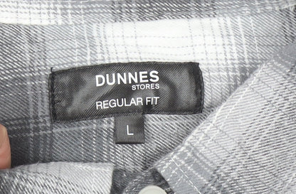 Dunnes Stores Men's Grey Plaid Button-Up Regular Fit Shirt L