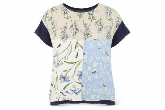 Zara Women Multicoloured Floral Patchwork Short Sleeve Cotton Blend T-Shirt Size 12