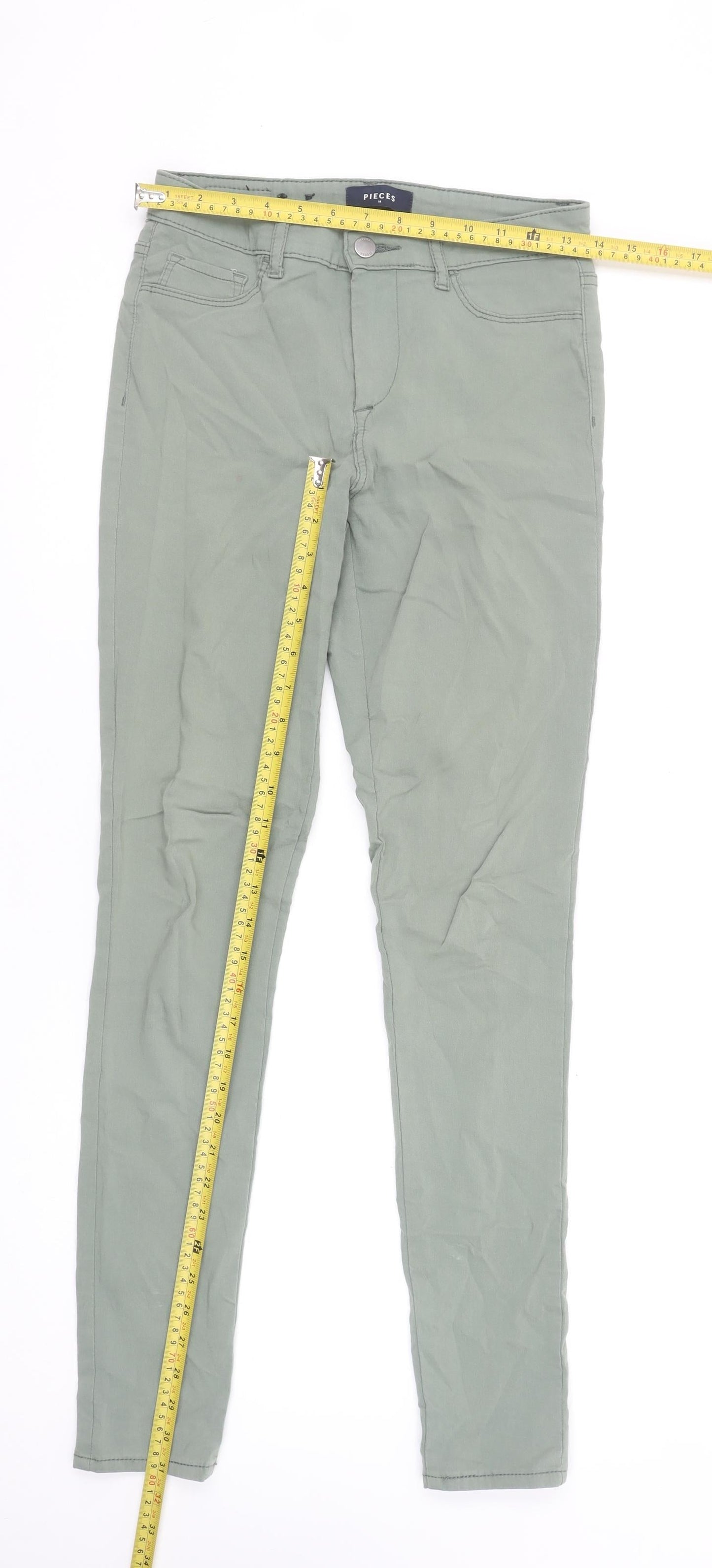 PIECES Women Green Skinny Jeans M Slim Fit Stretch Denim