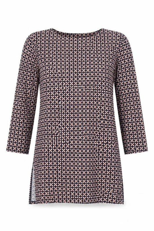 Front view of Principles Women’s Blue Geometric 3/4 Sleeve Tunic Blouse, size UK 10