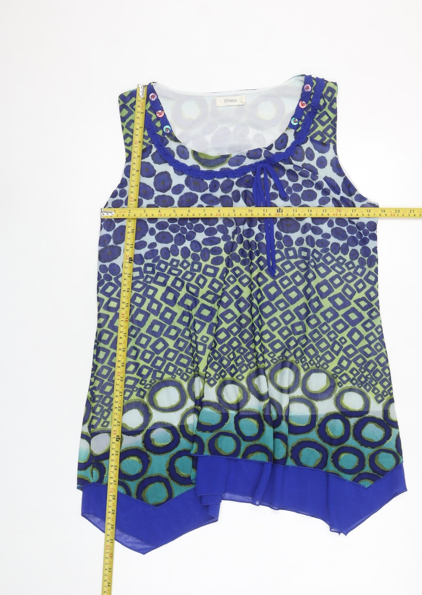 Evanna Womens Blue Geometric Chiffon Sleeveless Tunic Blouse Size L