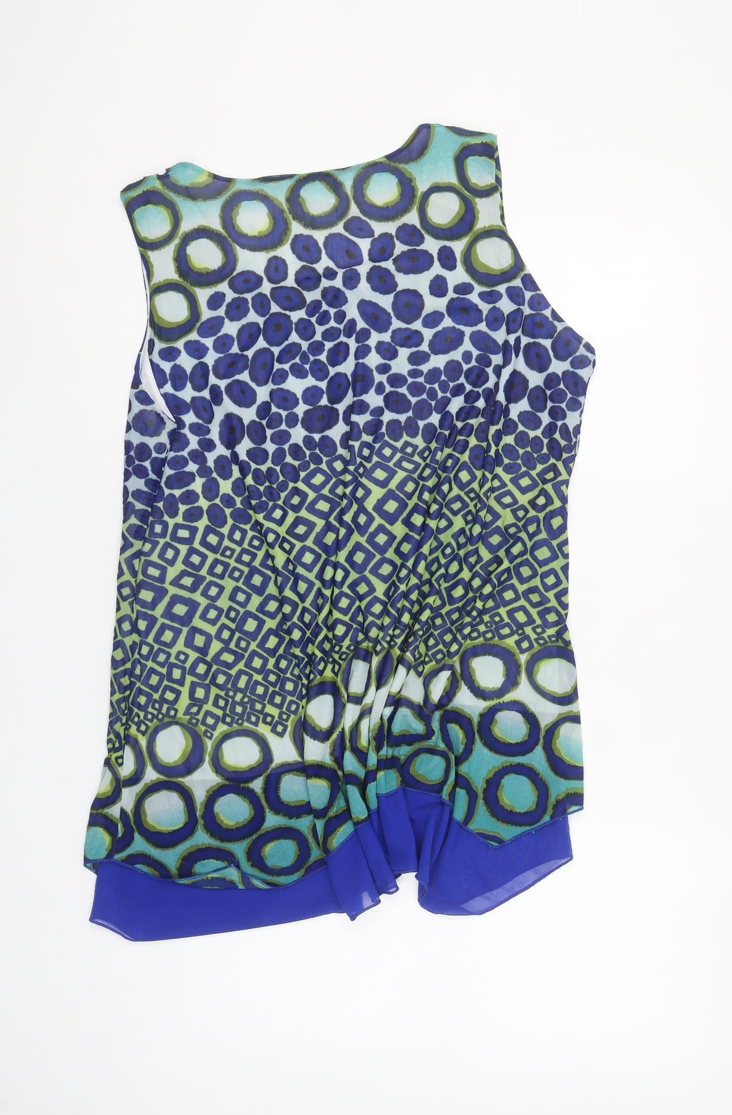 Evanna Womens Blue Geometric Chiffon Sleeveless Tunic Blouse Size L