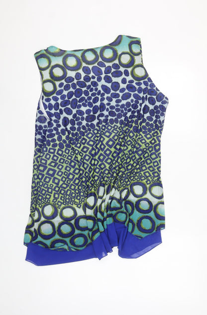 Evanna Womens Blue Geometric Chiffon Sleeveless Tunic Blouse Size L