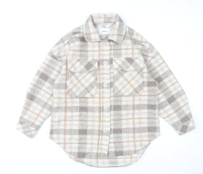 Stradivarius Women Beige Check Overshirt Jacket Size 12 Fleece Style