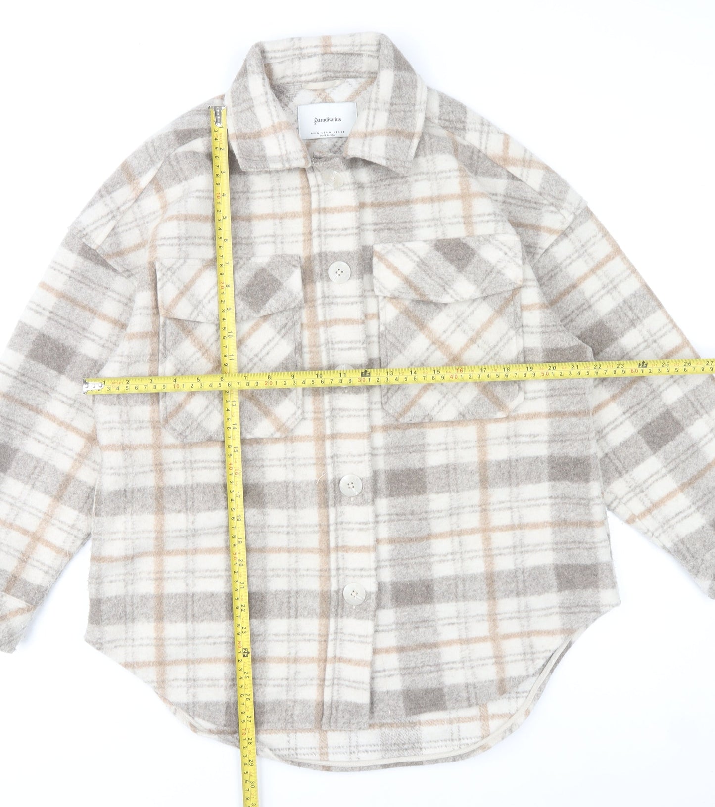 Stradivarius Women Beige Check Overshirt Jacket Size 12 Fleece Style