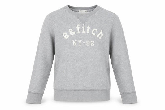 Front view of Abercrombie & Fitch boys’ grey xl pullover fleece sweatshirt logo crew neck