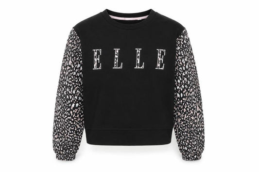 Front view of ELLE Junior girls’ black animal print sleeve sweatshirt 12-13 years