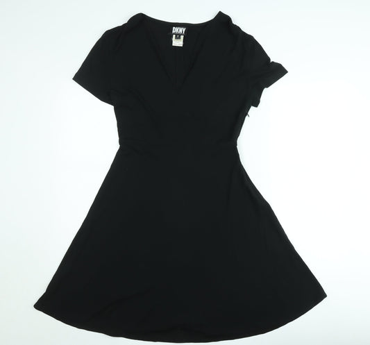 DKNY Womens Black Size 8 A-Line V-Neck Short Sleeve Dress