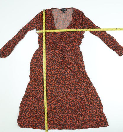 New Look Women’s Black Red Floral Midi Wrap Dress Size 6 Long Sleeve