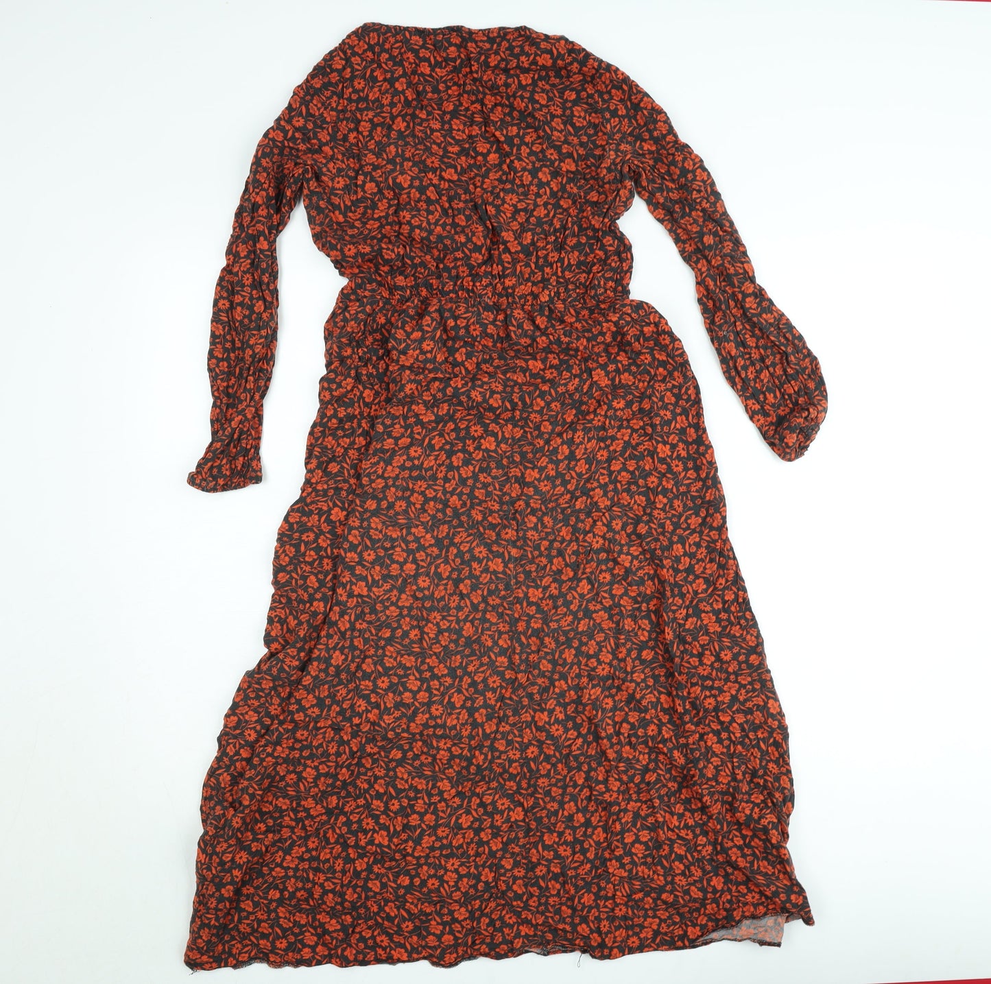 New Look Women’s Black Red Floral Midi Wrap Dress Size 6 Long Sleeve