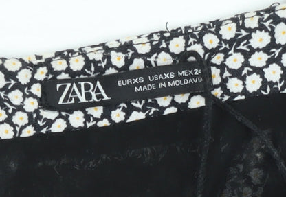Zara Women Black Floral Playsuit XS Viscose Strappy Summer Romper