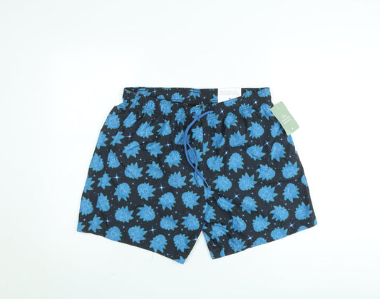Front view of H&M men’s blue cartoon network swim shorts l quick dry