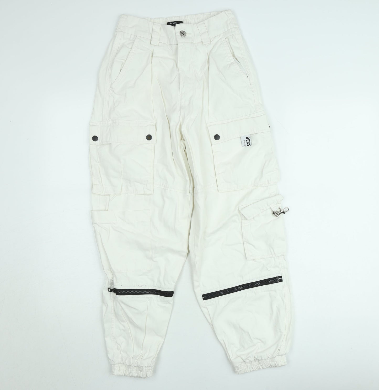 Bershka Womens White Cargo Trousers Size 8 Cotton Utility Style