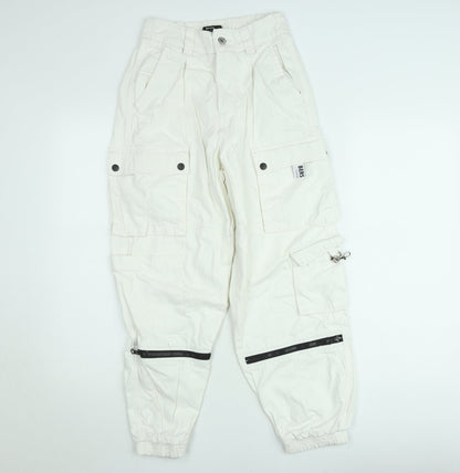 Bershka Womens White Cargo Trousers Size 8 Cotton Utility Style