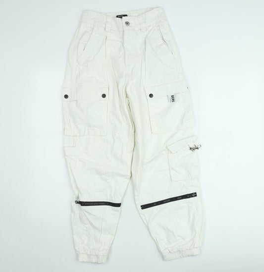 Bershka Womens White Cargo Trousers Size 8 Cotton Utility Style