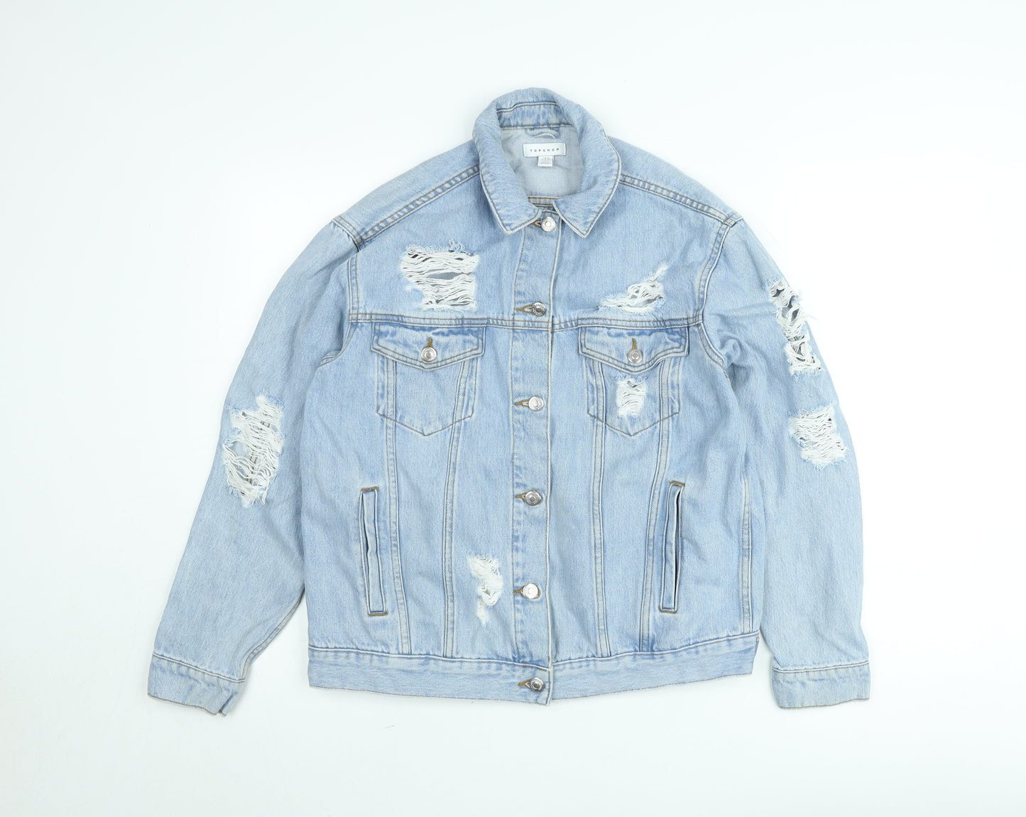 Topshop Women's Blue Distressed Denim Jacket Size 10