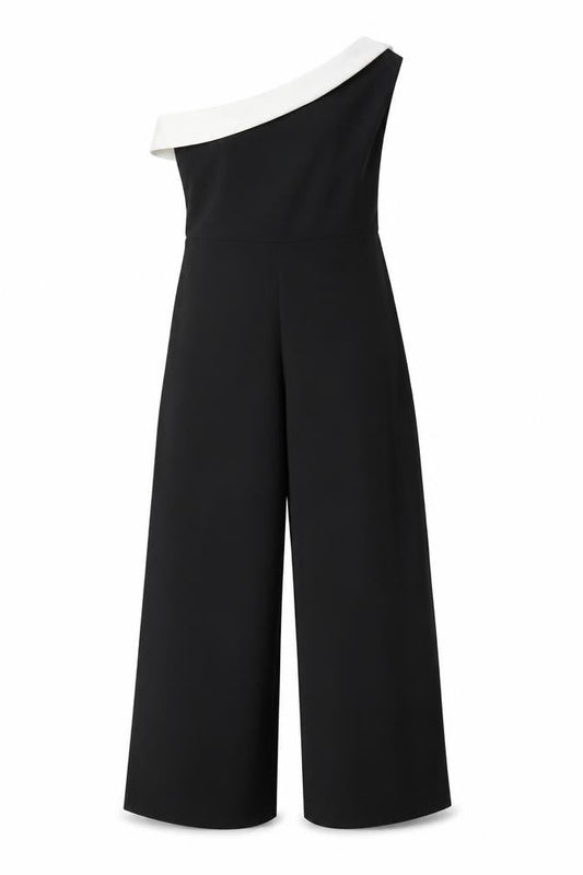 Boohoo Women Black & White One Shoulder Jumpsuit UK 14 Wide Leg
