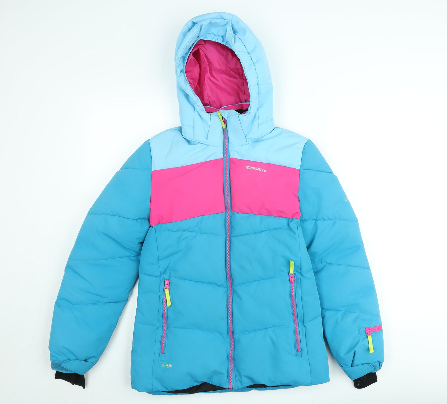 Icepeak Teens Blue Pink Puffer Jacket Size 14 Hooded Winter Coat
