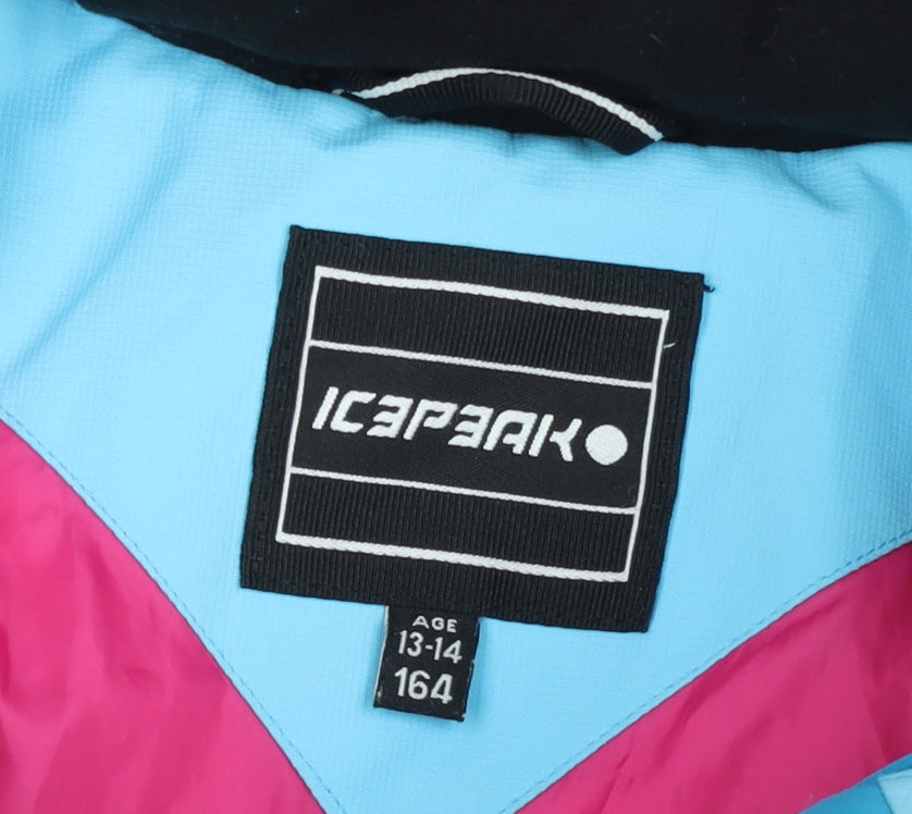 Icepeak Teens Blue Pink Puffer Jacket Size 14 Hooded Winter Coat