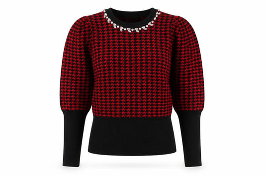 Savida Women’s Red & Black Houndstooth Puff Sleeve Jumper M