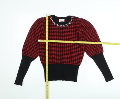 Savida Women’s Red & Black Houndstooth Puff Sleeve Jumper M