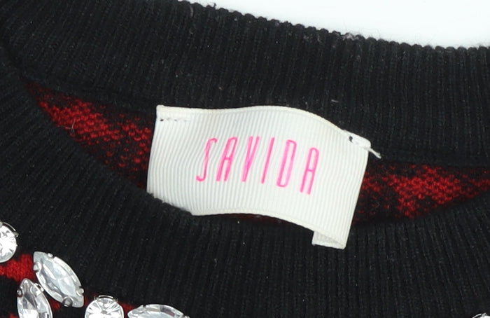 Savida Women’s Red & Black Houndstooth Puff Sleeve Jumper M