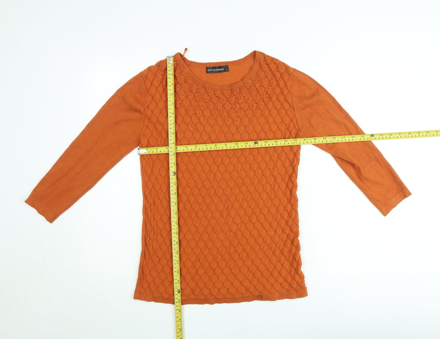 Just Elegance Women's Orange Tunic Top Size S 3/4 Sleeve Knit Blouse