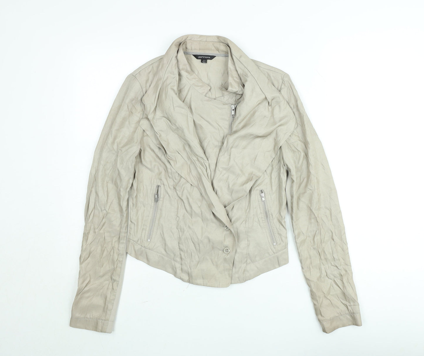 Portmans Women Beige Biker Jacket Size 10 Slim Fit Zip Detail