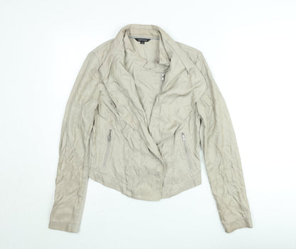 Portmans Women Beige Biker Jacket Size 10 Slim Fit Zip Detail