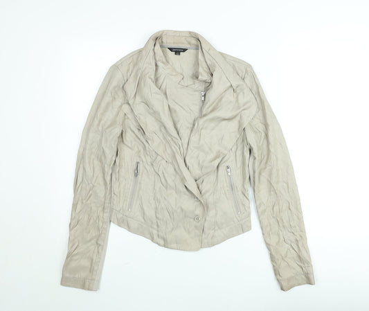 Portmans Women Beige Biker Jacket Size 10 Slim Fit Zip Detail