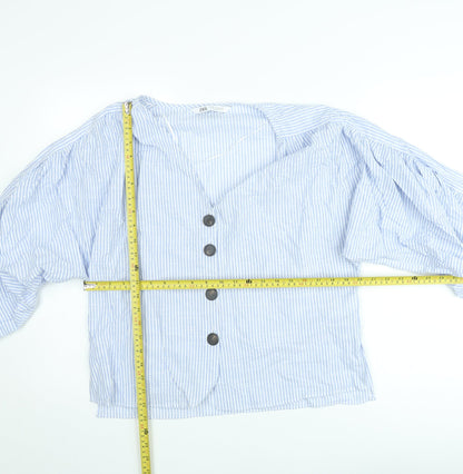 ZARA Women Blue Striped Cropped Puff Sleeve Blouse XS