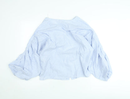 ZARA Women Blue Striped Cropped Puff Sleeve Blouse XS